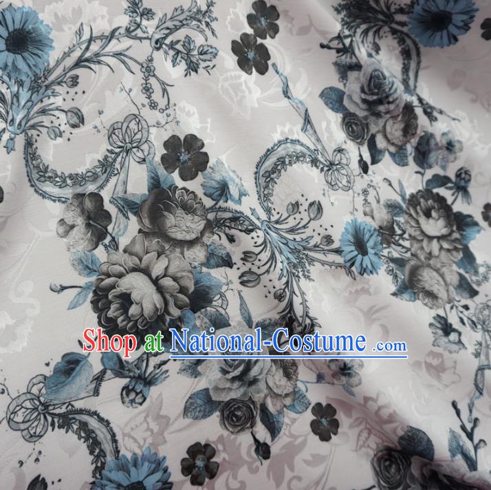 Chinese Traditional Palace Printing Flowers Pattern Hanfu White Brocade Fabric Ancient Costume Tang Suit Cheongsam Material