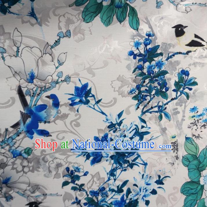 Chinese Traditional Palace Printing Flowers Birds Pattern Hanfu White Brocade Fabric Ancient Costume Tang Suit Cheongsam Material