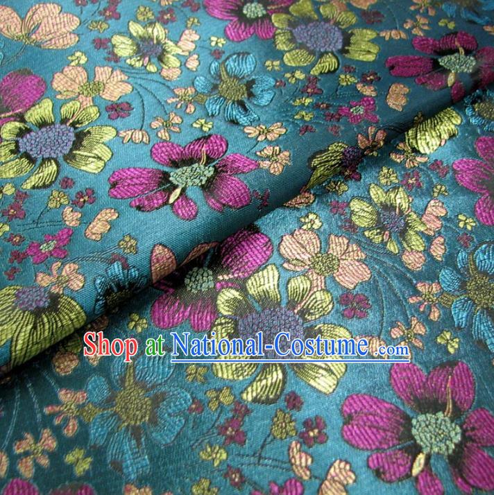 Chinese Traditional Palace Flowers Pattern Hanfu Blue Brocade Fabric Ancient Costume Tang Suit Cheongsam Material