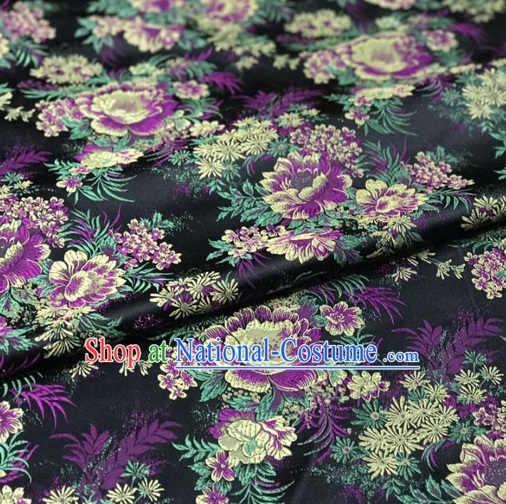 Chinese Traditional Palace Flowers Pattern Hanfu Black Brocade Fabric Ancient Costume Tang Suit Cheongsam Material