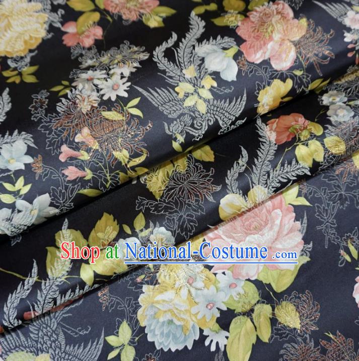 Chinese Traditional Palace Printing Flowers Pattern Hanfu Navy Brocade Fabric Ancient Costume Tang Suit Cheongsam Material