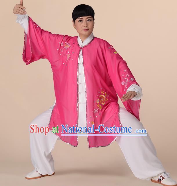 Traditional Chinese Kung Fu Costume Pink Chiffon Embroidered Cloak, China Martial Arts Tai Ji Mantillas Clothing for Women