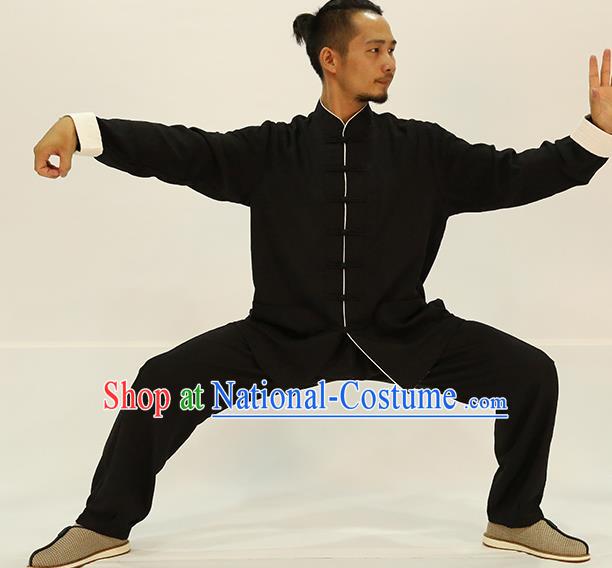 Traditional Chinese Kung Fu Black Linen Costume, China Martial Arts Uniform Tai Ji Tang Suit Plated Buttons Clothing for Men