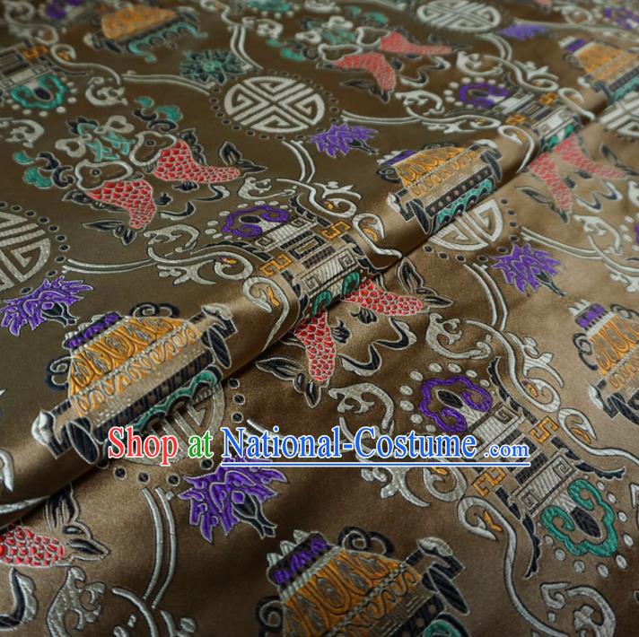 Chinese Traditional Palace Double Fish Pattern Hanfu Brown Brocade Fabric Ancient Costume Tang Suit Cheongsam Material