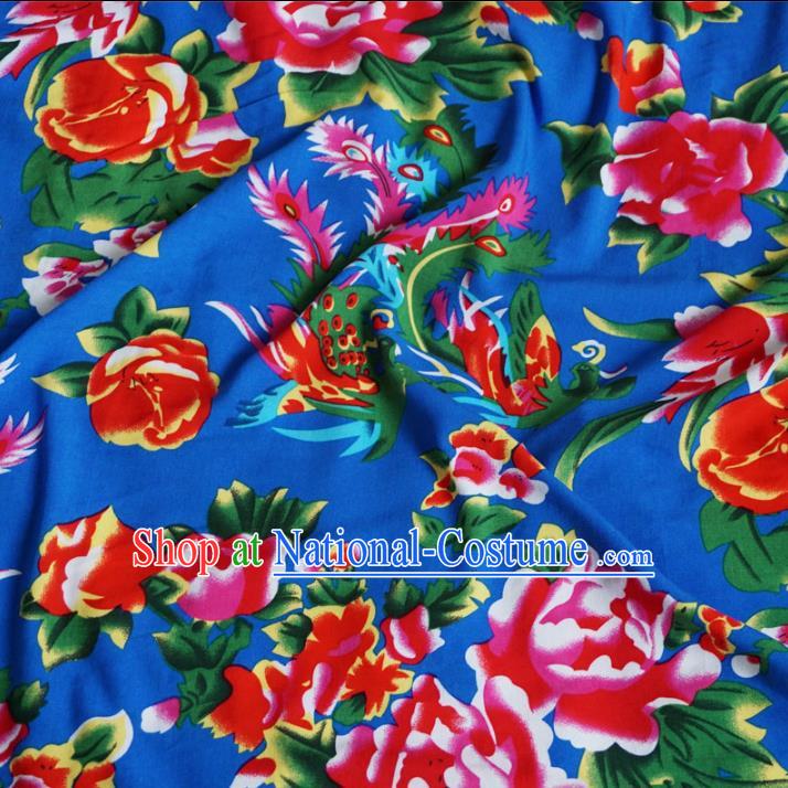 Chinese Traditional Palace Printing Phoenix Pattern Hanfu Blue Cotton Fabric Ancient Costume Tang Suit Cheongsam Material