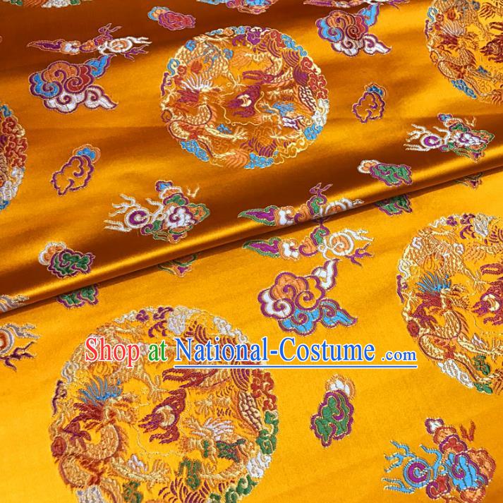 Chinese Traditional Palace Round Dragons Pattern Hanfu Yellow Brocade Fabric Ancient Costume Tang Suit Cheongsam Material