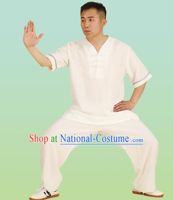 Chinese Linen Kung Fu Short Sleeve Costume, China Traditional Martial Arts Kung Fu Tai Ji Training Uniform for Adult