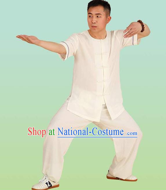 Chinese Linen Kung Fu Short Sleeve Costume, China Traditional Martial Arts Kung Fu Tai Ji Plated Buttons Uniform for Adult