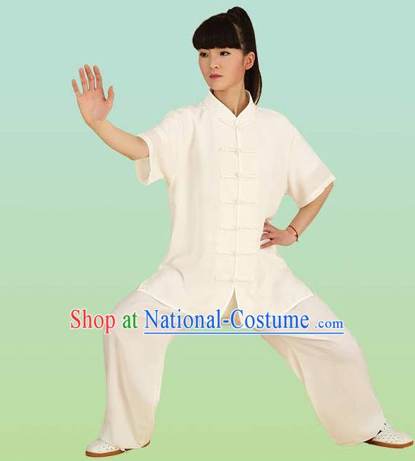 Chinese Linen Kung Fu Short Sleeve Costume, China Traditional Martial Arts Kung Fu Tai Ji Plated Buttons Uniform for Women