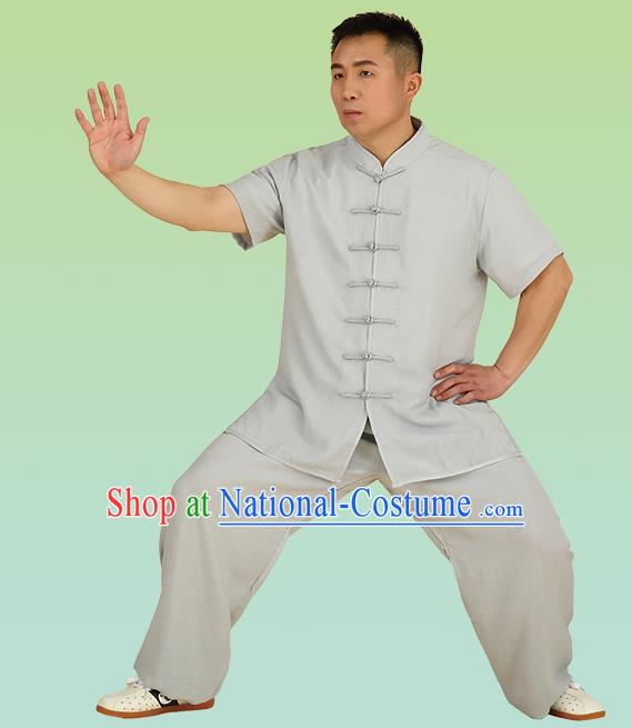 Chinese Linen Kung Fu Short Sleeve Grey Costume, China Traditional Martial Arts Kung Fu Tai Ji Plated Buttons Uniform for Men