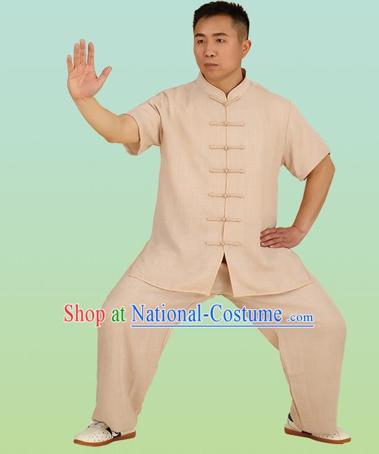 Chinese Linen Kung Fu Short Sleeve Khaki Costume, China Traditional Martial Arts Kung Fu Tai Ji Plated Buttons Uniform for Men