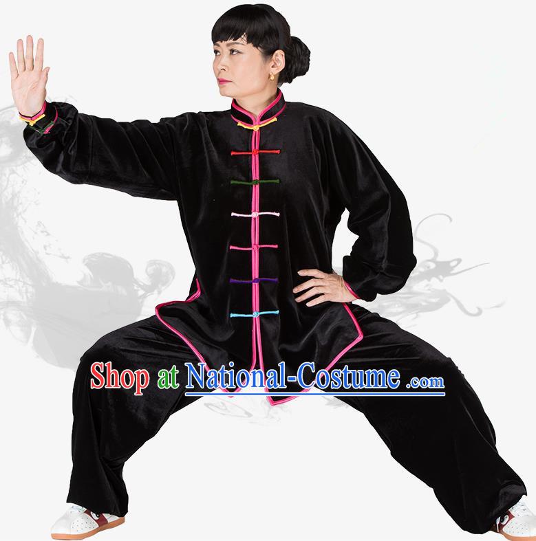 Chinese Kung Fu Black Velvet Costume, China Traditional Martial Arts Kung Fu Tai Ji Uniform for Women for Men