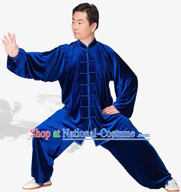 Chinese Kung Fu Royalblue Velvet Costume, China Traditional Martial Arts Kung Fu Tai Ji Uniform for Women for Men