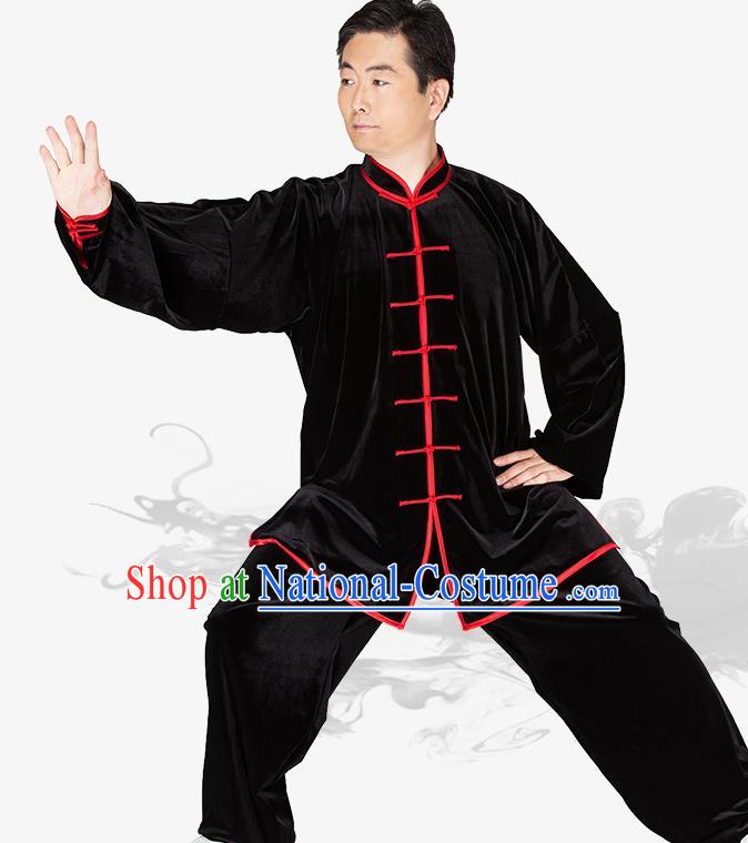 Chinese Kung Fu Black Velvet Red Buttons Costume Traditional Martial Arts Kung Fu Tai Ji Uniform for Women for Men