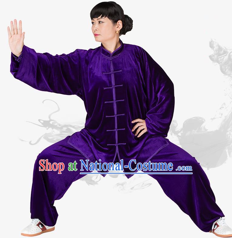 Chinese Kung Fu Black Purple Velvet Plated Buttons Costume Traditional Martial Arts Kung Fu Tai Ji Uniform for Women for Men