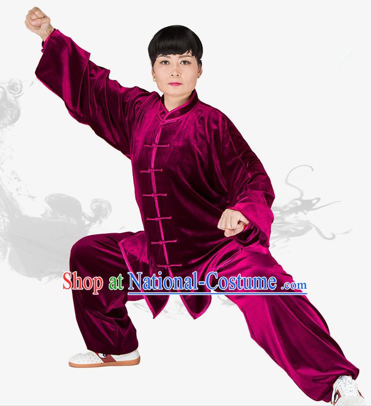 Chinese Kung Fu Black Wine Red Velvet Plated Buttons Costume Traditional Martial Arts Kung Fu Tai Ji Uniform for Women for Men