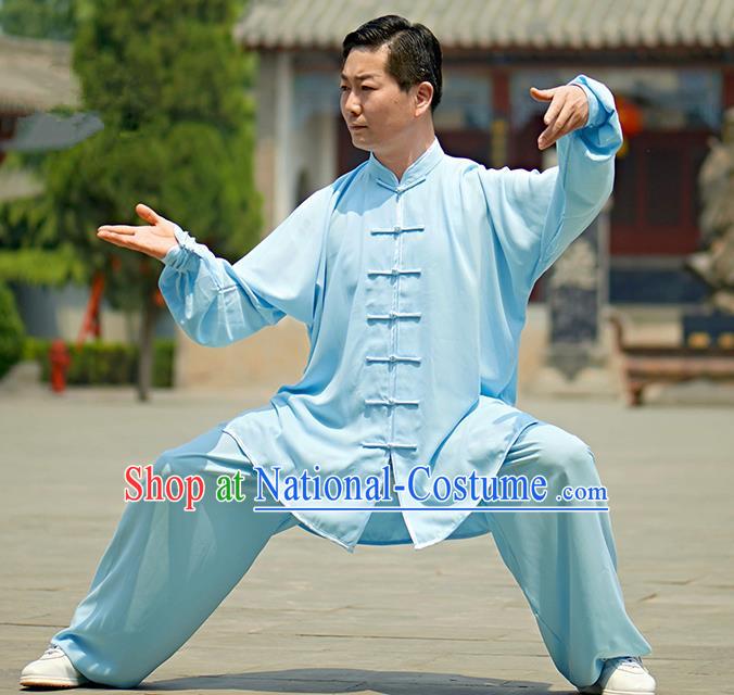 Chinese Kung Fu Plated Buttons Costume, Traditional Martial Arts Kung Fu Tai Ji Blue Uniform for Women for Men