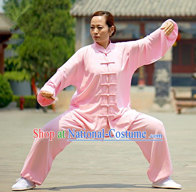 Chinese Kung Fu Plated Buttons Costume, Traditional Martial Arts Kung Fu Tai Ji Pink Uniform for Women for Men