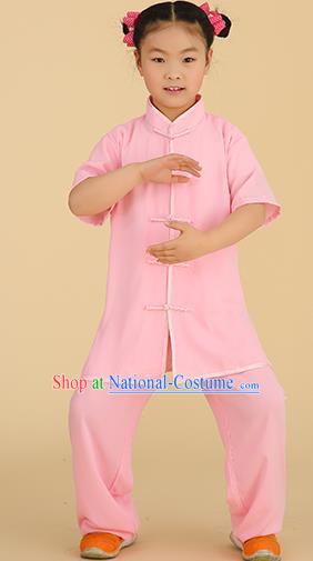 Chinese Kung Fu Linen Plated Buttons Costume, Traditional Martial Arts Tai Ji Pink Uniform for Kids