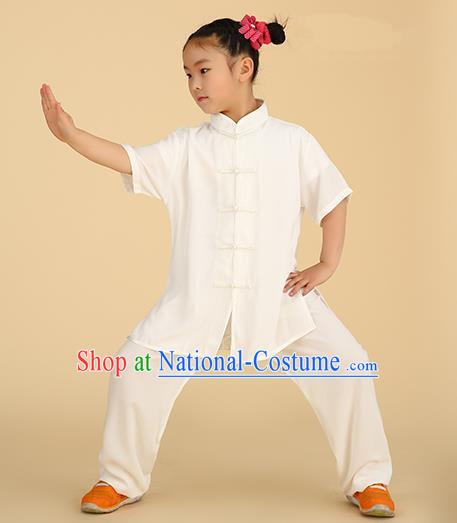 Chinese Kung Fu Linen Plated Buttons Costume, Traditional Martial Arts Tai Ji White Uniform for Kids