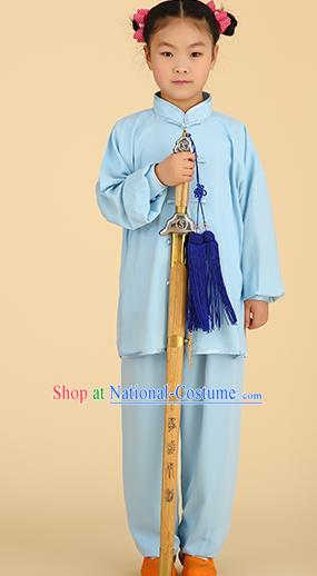 Chinese Kung Fu Linen Plated Buttons Costume, Traditional Martial Arts Tai Ji Blue Long Sleeve Uniform for Kids