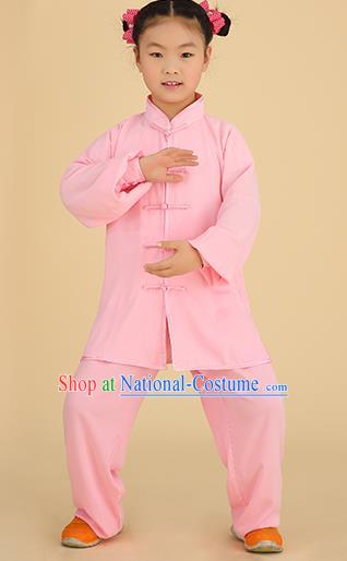 Chinese Kung Fu Linen Plated Buttons Costume, Traditional Martial Arts Tai Ji Pink Long Sleeve Uniform for Kids