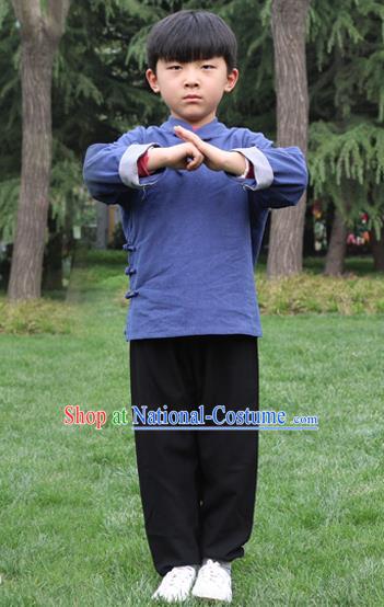 Chinese Kung Fu Linen Slant Opening Costume, Traditional Martial Arts Tai Ji Navy Uniform for Kids