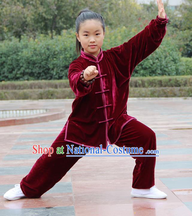 Chinese Kung Fu Wine Red Velvet Costume, Traditional Martial Arts Tai Ji Uniform Clothing for Kids