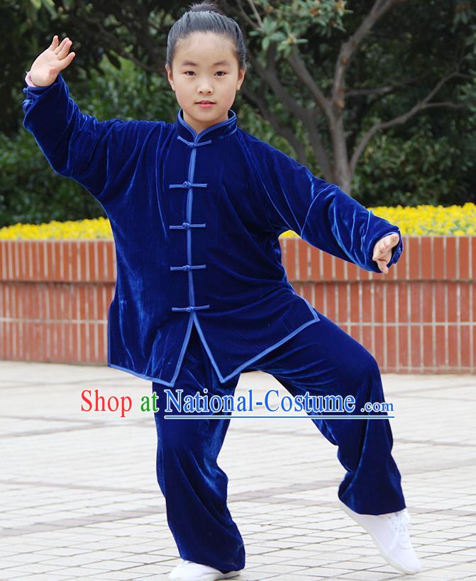 Traditional Chinese Kung Fu Blue Velvet Costume, China Martial Arts Tai Ji Uniform Clothing for Kids