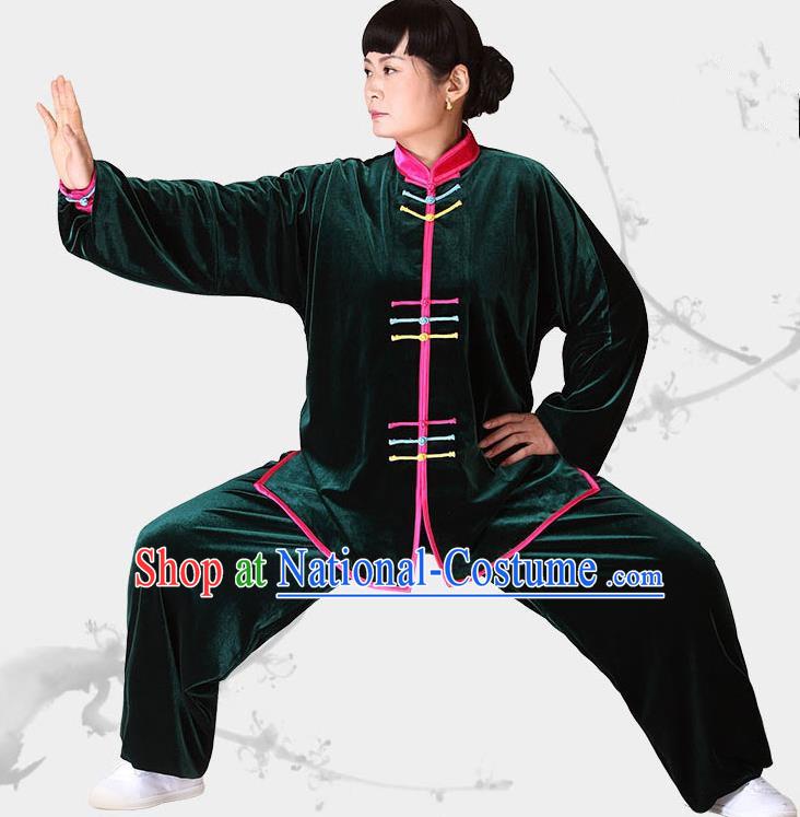 Traditional Chinese Kung Fu Green Velvet Costume, China Martial Arts Tai Ji Clothing for Women