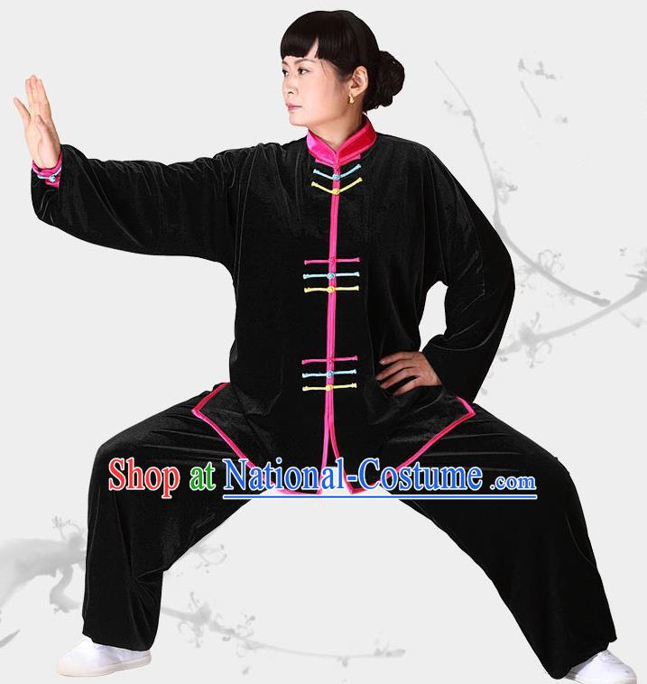 Traditional Chinese Kung Fu Black Velvet Costume, China Martial Arts Tai Ji Clothing for Women