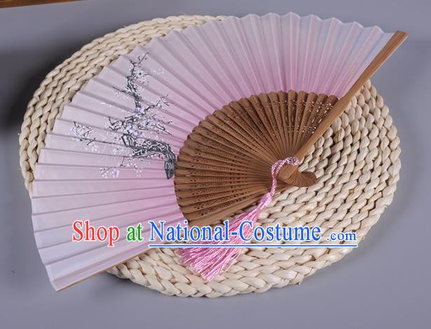 Traditional Chinese Crafts Printing Wintersweet Pink Silk Folding Fan China Oriental Fans for Women