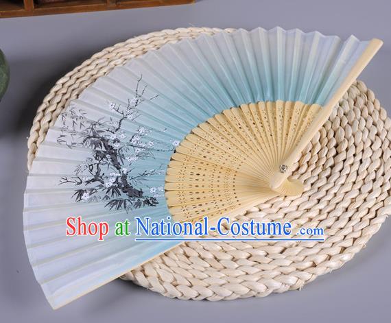 Traditional Chinese Crafts Printing Wintersweet Blue Silk Folding Fan China Oriental Fans for Women