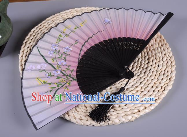 Traditional Chinese Crafts Printing Orchid Pink Silk Folding Fan China Oriental Fans for Women