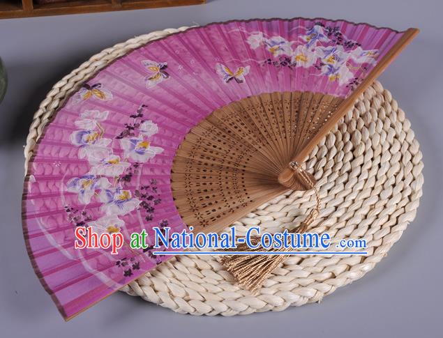 Traditional Chinese Crafts Printing Butterfly Pink Silk Folding Fan China Oriental Fans for Women