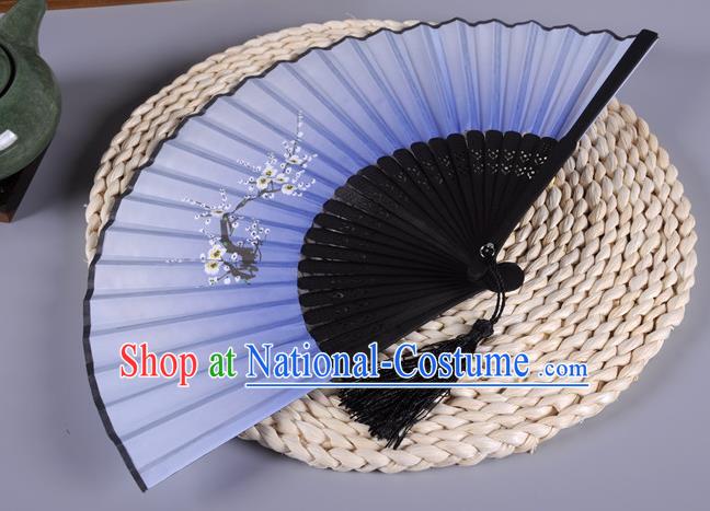 Traditional Chinese Crafts Printing Wintersweet Blue Silk Folding Fan China Oriental Fans for Women