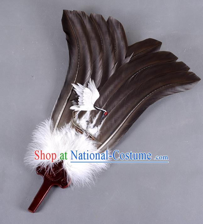 Traditional Chinese Crafts Folding Fan China Black Feather Fan Oriental Crane Fan Zhuge Liang Fans