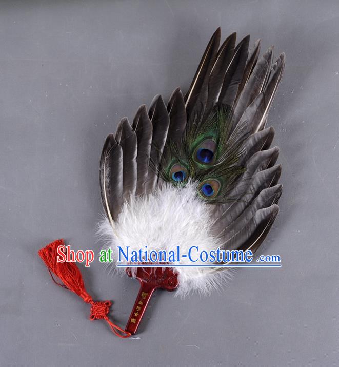 Traditional Chinese Crafts Folding Fan China Black Feather Fan Oriental Fan Zhuge Liang Fans