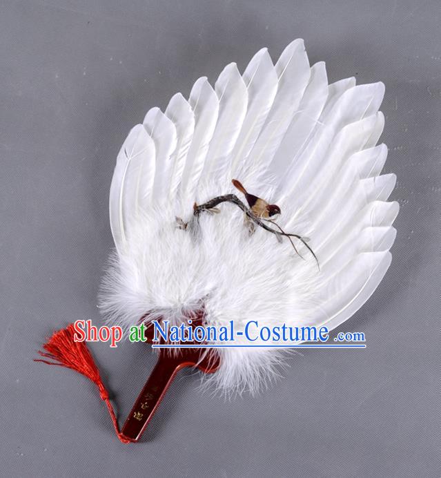 Traditional Chinese Crafts Folding Fan China White Feather Fan Printing Bird Oriental Fan Zhuge Liang Fans