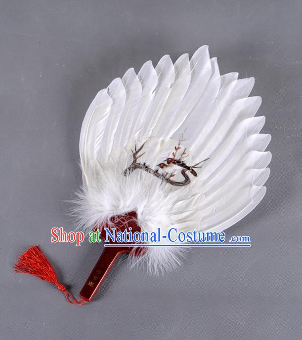 Traditional Chinese Crafts Folding Fan China White Feather Fan Printing Magpie Oriental Fan Zhuge Liang Fans