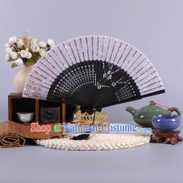 Traditional Chinese Crafts Hand Painted Wintersweet Grey Silk Folding Fan China Oriental Fans for Women