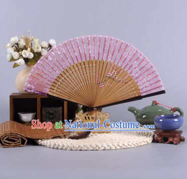 Traditional Chinese Crafts Hand Painted Wintersweet Pink Silk Folding Fan China Oriental Fans for Women