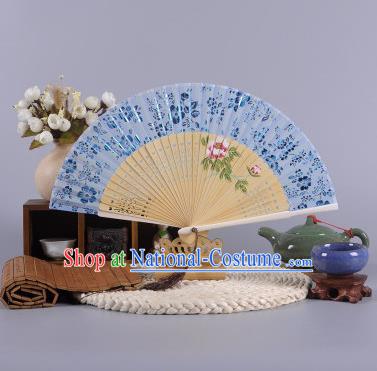 Traditional Chinese Crafts Hand Painted Peony Blue Silk Folding Fan China Oriental Fans for Women