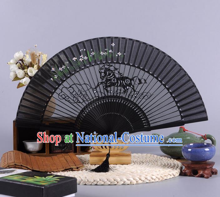 Traditional Chinese Crafts Hollow Out Horse Folding Fan China Oriental Black Bamboo Fans for Women