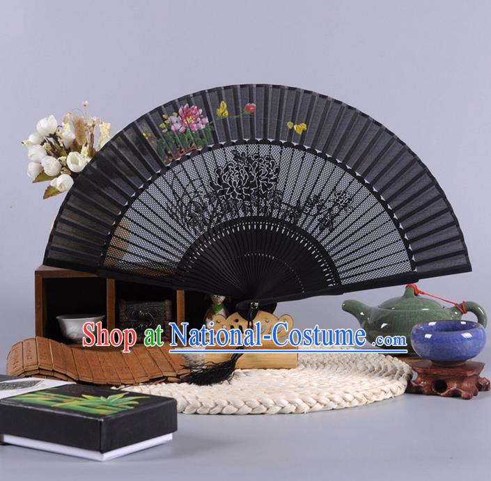 Traditional Chinese Crafts Hollow Out Peony Folding Fan China Oriental Black Bamboo Fans for Women