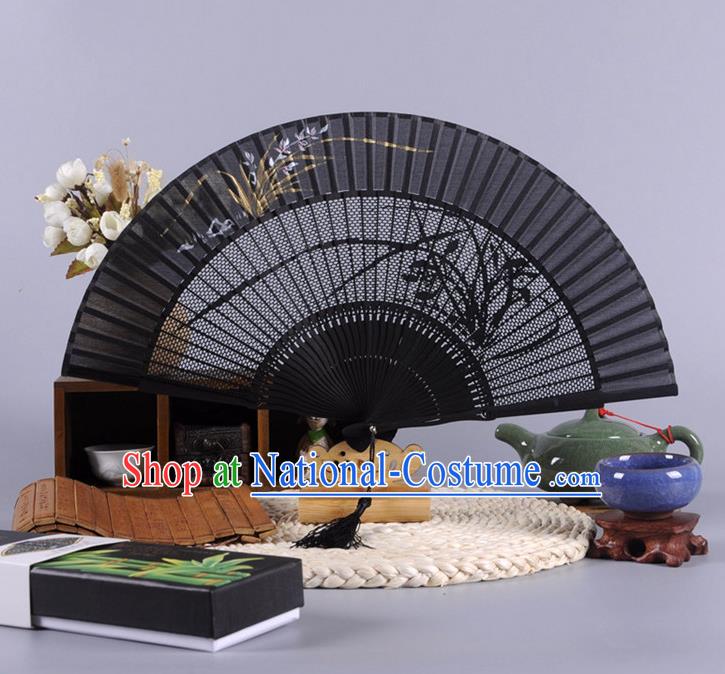 Traditional Chinese Crafts Hollow Out Orchid Folding Fan China Oriental Black Bamboo Fans for Women