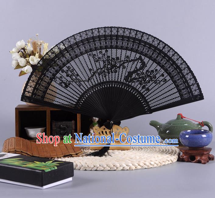 Traditional Chinese Crafts Hollow Out Wintersweet Folding Fan China Oriental Black Bamboo Fans for Women