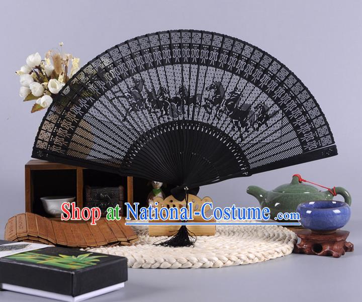 Traditional Chinese Crafts Hollow Out Eight Horses Folding Fan China Oriental Black Bamboo Fans for Women