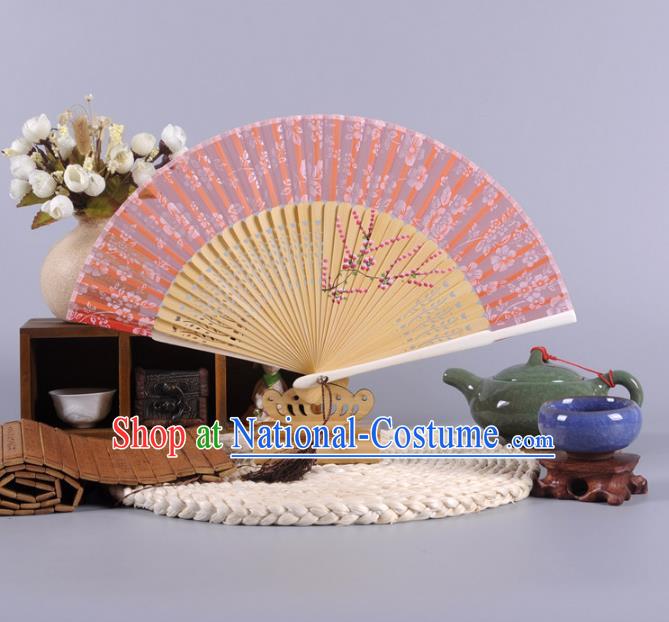 Traditional Chinese Crafts Hand Painted Plum Blossom Pink Silk Folding Fan China Oriental Fans for Women