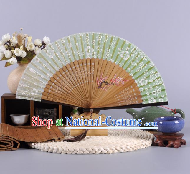 Traditional Chinese Crafts Hand Painted Plum Blossom Green Silk Folding Fan China Oriental Fans for Women